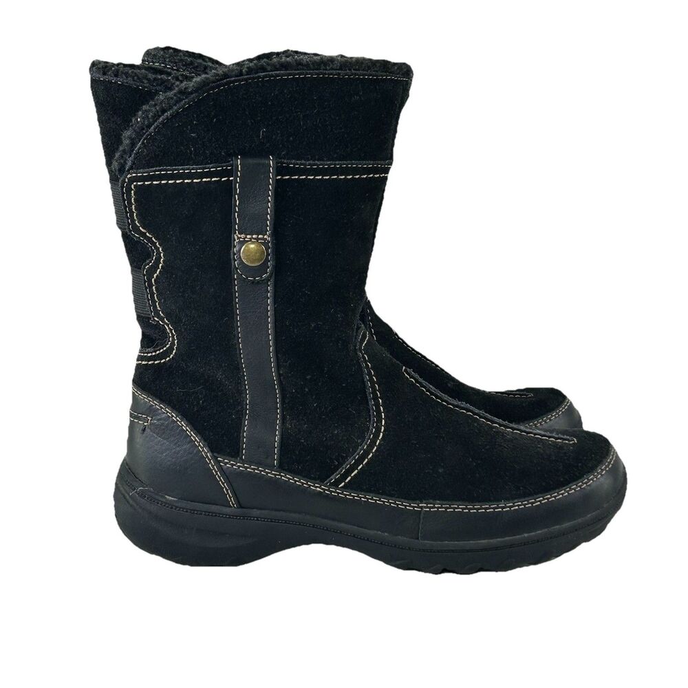 Clarks Boots Womens 8.5 Andes Fortune Black Side Zip Faux Fur Trim Winter